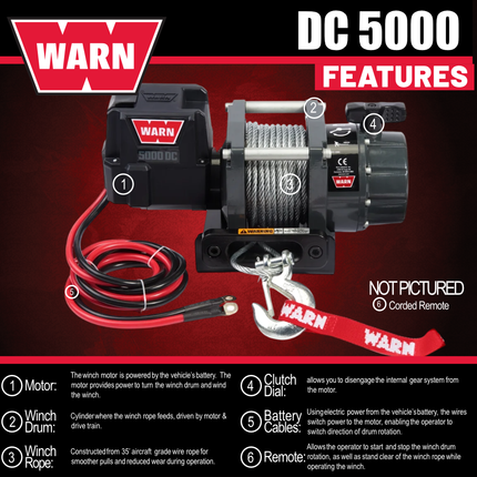 WARN 5000 DC Series, 5000lb Pulling Capacity, Heavy-Duty 12V w/ Steel Cable,Hook & Remote Control, Powerful Utility Winch for Trailers, Workshops, Etc, EPIC Dual Pin "H" Shape Shackle Hyperlink