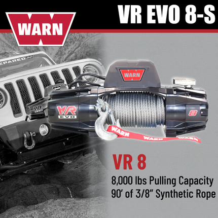 WARN VR EVO 8-S Standard Duty Elec Winch for 1/2-ton trucks, Jeeps, & SUVs, 12V DC, 8,000lb Line Pull, 90 ft Synthetic Rope with Roller Fairlead, IP68 Waterproof, Includes "H" shaped hyperlink shackle