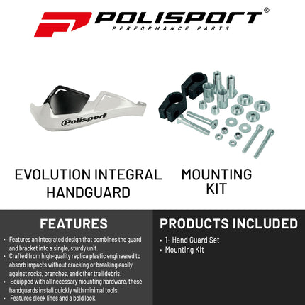 Polisport Evolution Integral Handguards for Motocross Motorcycles-MX Replica Plastic Hand Guards - Durable, Flexible, Easy to Install,  Supermoto, Motard, Dirt Bikes & Off-Road Protection- White