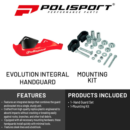 Polisport Evolution Integral Handguards for Motocross Motorcycles-MX Replica Plastic Hand Guards - Durable, Flexible, Easy to Install,  Supermoto, Motard, Dirt Bikes & Off-Road Protection- Red