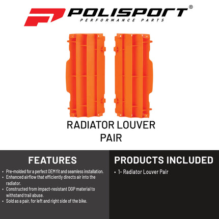 Polisport Radiator Louvers - Orange Panels for KTM 125/150/250/300/350/450 SX/SX-F/XC/XC-F/EXC (2007-2016)  - OEM Fit, Durable Plastic, Enhanced Airflow, Easy Installation