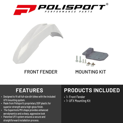 Polisport Supermoto (SM) Motocross (MX) Motard UFX Front Fender - Universal Fit for all Full Size Dirt Bikes - White