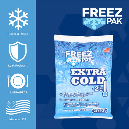 Freez Pak Extra Cold -2°C (28°F) 1lb Ice Pack Bag - Reusable & Compact Ice Substitute Pack for Lunch Boxes, Coolers, Fishing, Sporting Events, Beach & Camping Trips - Made in the USA (Single)