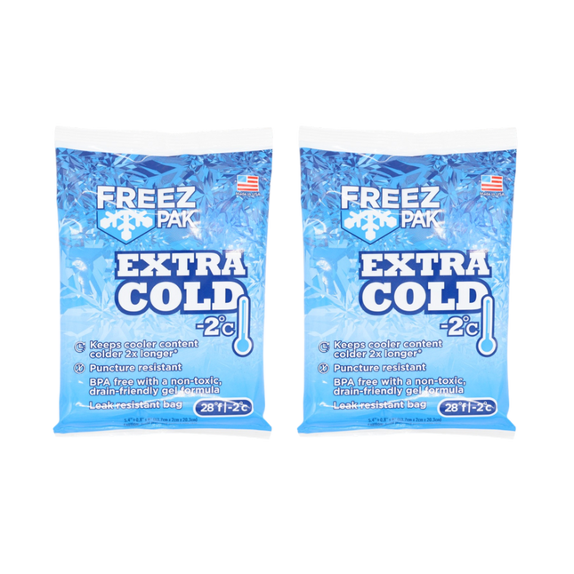 Freez Pak Extra Cold -2°C (28°F) 1lb Ice Pack Bag - Reusable & Compact Ice Substitute Pack for Lunch Boxes, Coolers, Fishing, Sporting Events, Beach & Camping Trips - Made in the USA (2-Pack)
