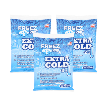 Freez Pak Extra Cold -2°C (28°F) 1lb Ice Pack Bag - Reusable & Compact Ice Substitute Pack for Lunch Boxes, Coolers, Fishing, Sporting Events, Beach & Camping Trips - Made in the USA (3-Pack)
