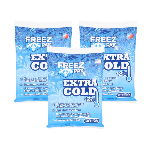 Freez Pak Extra Cold -2°C (28°F) 1lb Ice Pack Bag - Reusable & Compact Ice Substitute Pack for Lunch Boxes, Coolers, Fishing, Sporting Events, Beach & Camping Trips - Made in the USA (3-Pack)