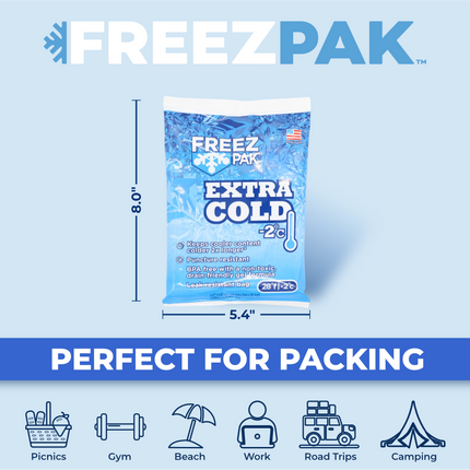 Freez Pak Extra Cold -2°C (28°F) 1lb Ice Pack Bag - Reusable & Compact Ice Substitute Pack for Lunch Boxes, Coolers, Fishing, Sporting Events, Beach & Camping Trips - Made in the USA (4-Pack)