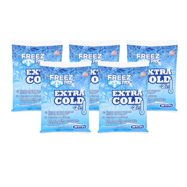 Freez Pak Extra Cold -2°C (28°F) 1lb Ice Pack Bag - Reusable & Compact Ice Substitute Pack for Lunch Boxes, Coolers, Fishing, Sporting Events, Beach & Camping Trips - Made in the USA (5-Pack)
