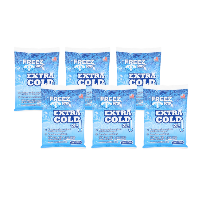 Freez Pak Extra Cold -2°C (28°F) 1lb Ice Pack Bag - Reusable & Compact Ice Substitute Pack for Lunch Boxes, Coolers, Fishing, Sporting Events, Beach & Camping Trips - Made in the USA (6-Pack)