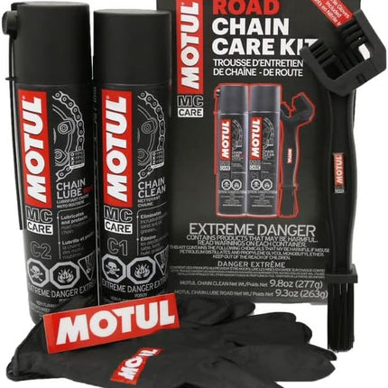 Motul MC C1 Chain Cleaner and C2 Motorcycle Chain Lube Kit with Brush, Gloves, and Sticker