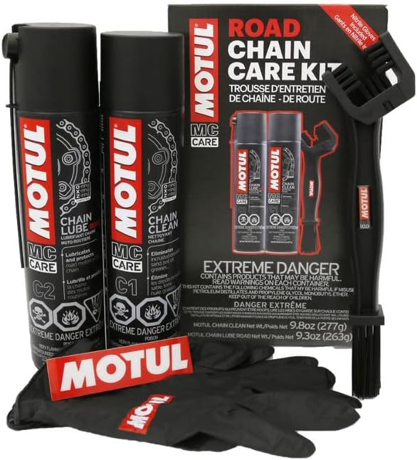Motul MC C1 Chain Cleaner and C2 Motorcycle Chain Lube Kit with Brush, Gloves, and Sticker