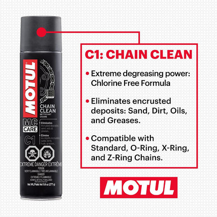 Motul MC C1 Chain Cleaner and C2 Motorcycle Chain Lube Kit with Brush, Gloves, and Sticker