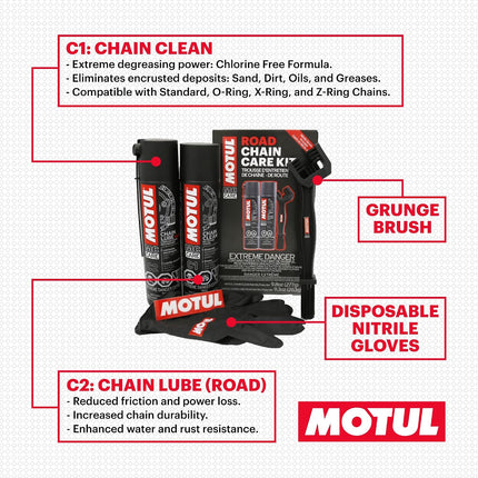 Motul MC C1 Chain Cleaner and C2 Motorcycle Chain Lube Kit with Brush, Gloves, and Sticker