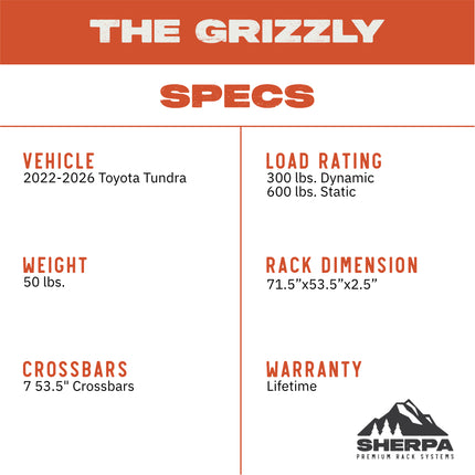 Sherpa 129744 The Grizzly Half Height Roof Rack for Toyota Tundra CrewMax - Full-Length Aluminum, 1/4" Side Panels, Modification Required, Black Textured Powder Coat Finish