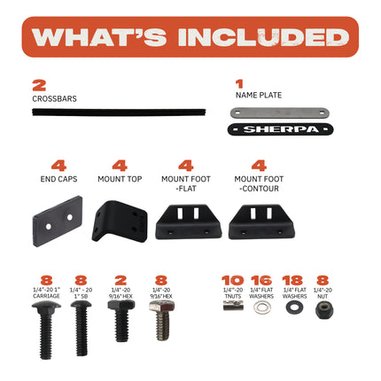 Sherpa 149100 Universal Roof Track Load Bars 43" (Pair) - Low-Profile Aluminum Crossbars for Vehicles, Canopies & Campers with M6 & M8 Track Nuts - Includes Flat & Contoured Mounting Feet