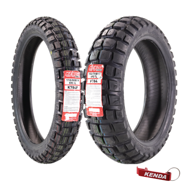Kenda Big Block K784 110/80B19 Front and 150/70B17 Rear Tires for Motorcycles, Dirt Bikes, and City Bikes - Durable Off-Road & Street Performance with Keychain (2 Pack)