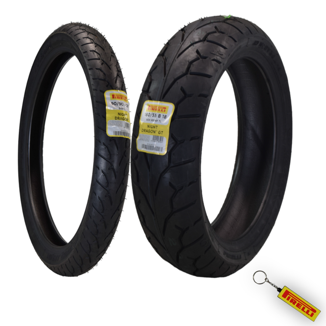 Pirelli Night Dragon Tire Set: 90/90-21 M/C 54H TL Front & 180/55B18 M/C 80H REINFTL Rear Cruiser Motorcycle Tires - Superior Traction & Handling for High-Performance Cruisers w/ Keychain