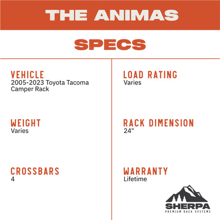 Sherpa 194844 The Animas Full Height 30" Roof Rack for 2005-2023 Toyota Tacoma - Full-Length Aluminum, 1/4" Side Panels, Drill-Free No Modification, Black Textured Powder Coat Finish