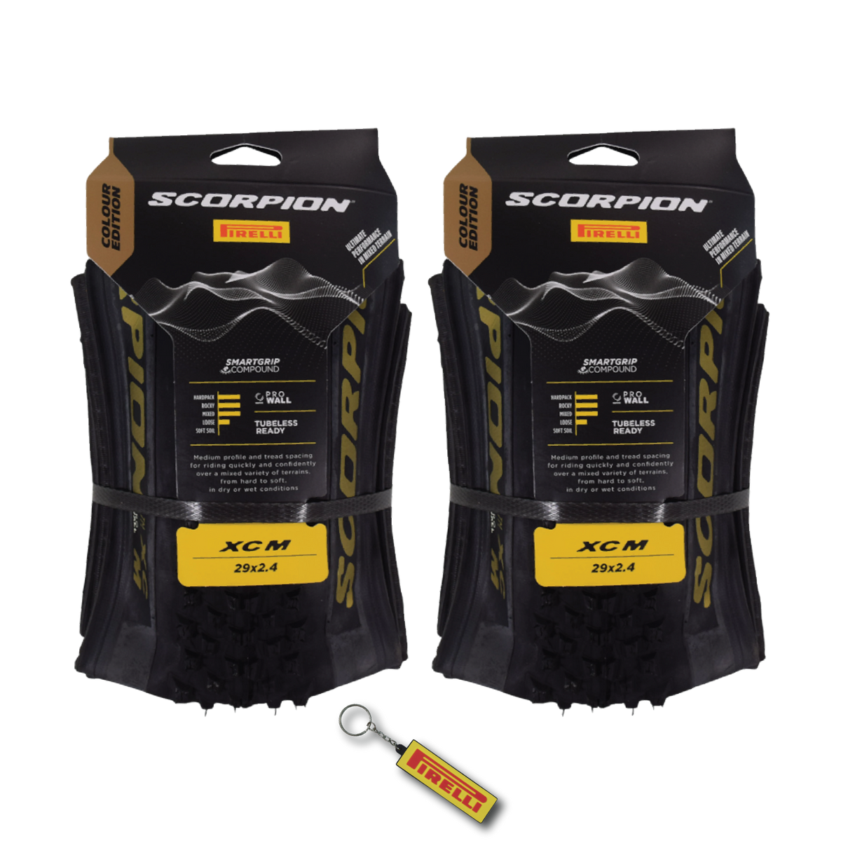 Pirelli Scorpion XC M Gold Label 60-622 (29x 2.4) MTB Bicycle Tire  - Designed for Hardpacked Courses and Mixed Terrains, 120TPI and ProWall Casing- Mountain Bike Tire w/Keychain (2 Pk)