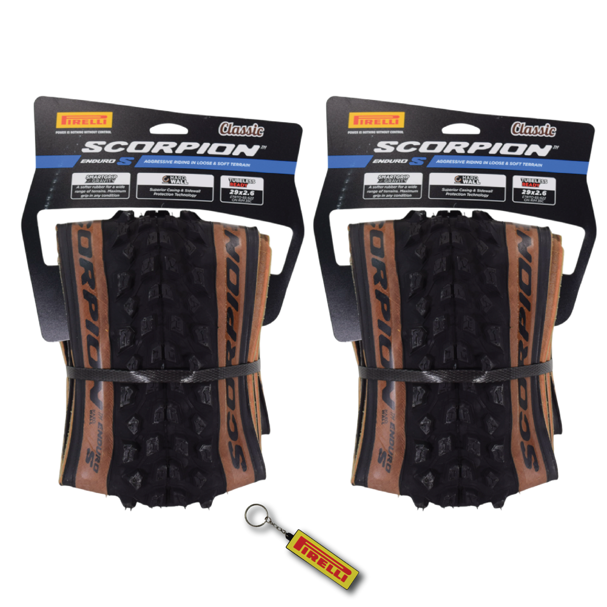 Pirelli Scorpion Enduro S Classic Tan 65-622 (29x 2.6) MTB Bicycle Tire  - Designed for Demanding XC Courses, 60TPI and Hard Wall Casing- Mountain Bike Tire w/Keychain (2 Pk)
