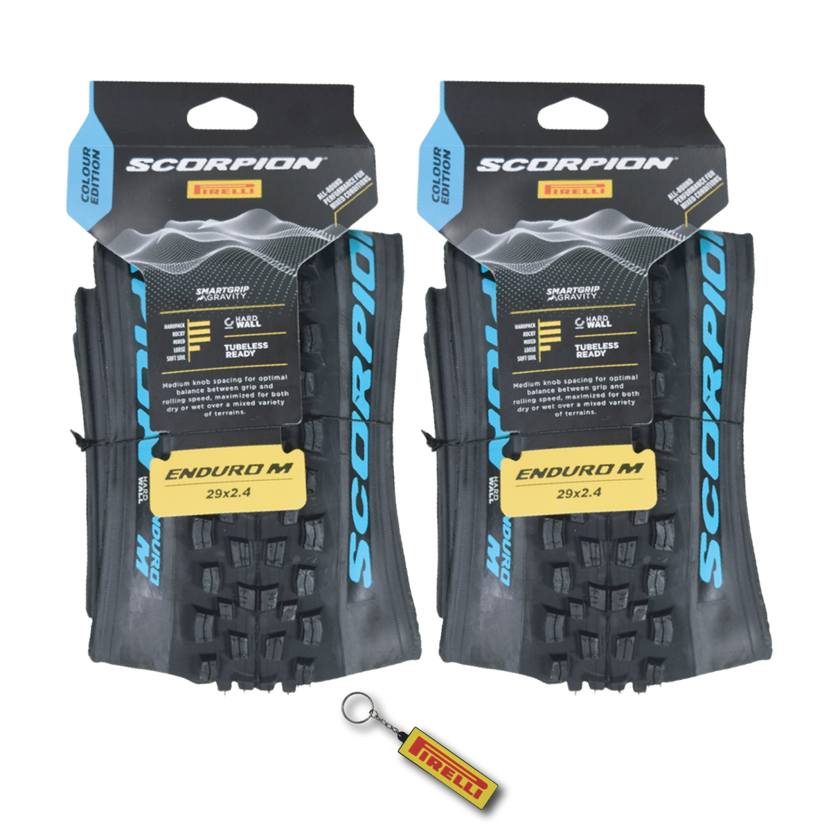 Pirelli Scorpion Enduro M Turchese Color 29x2.4 Mountain Bicycle Tire Tubeless Ready, HardWALL 60 TPI High-Performance All-Terrain Tire for Enduro Trail & Aggressive XC Mountain Bike w/Keychain (2 Pk)