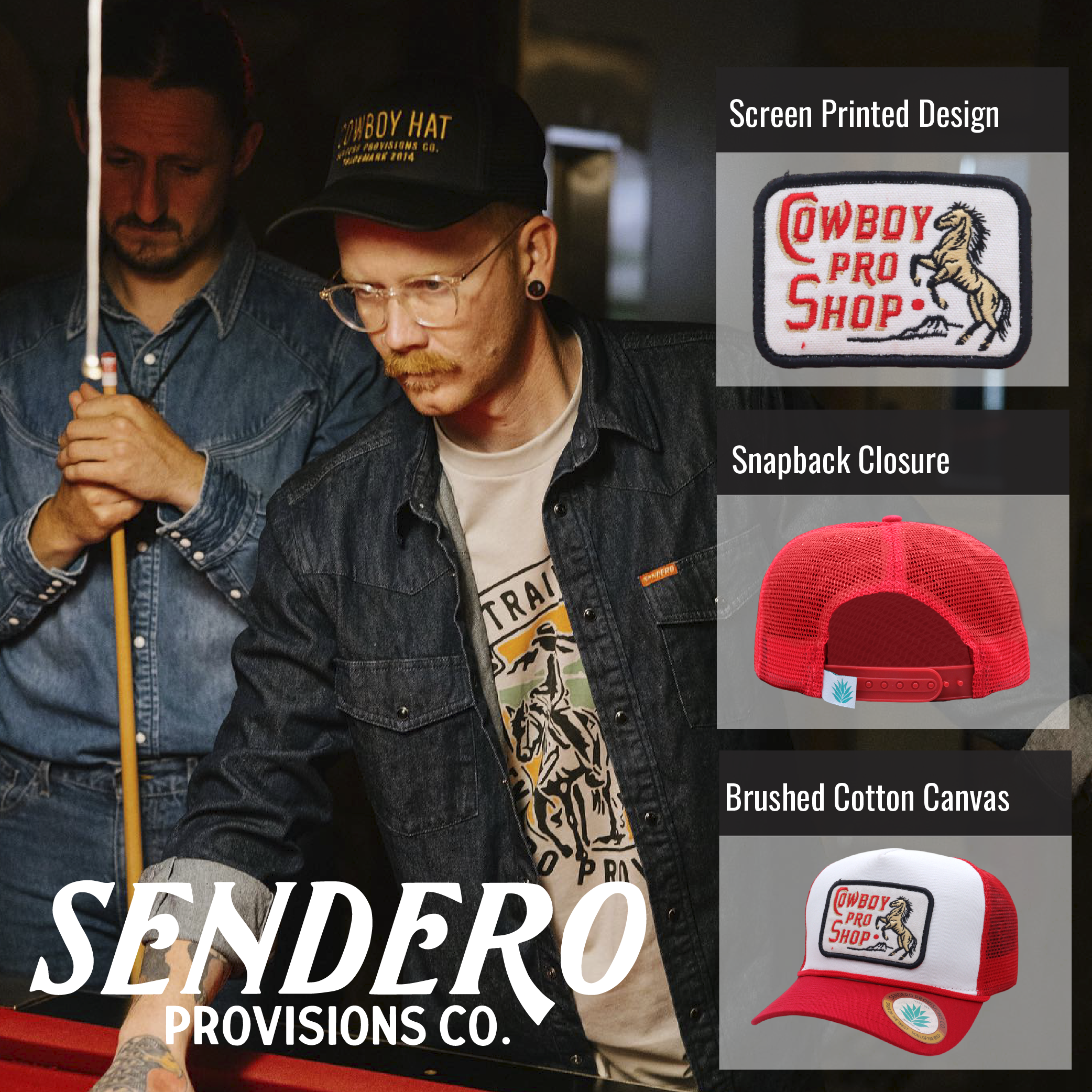 Sendero Provisions Co. Cowboy Pro Shop Hat - White/Red - Trucker Snapback w/ Embroidered Logo & Mesh Back, One Size