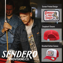 Sendero Provisions Co. Cowboy Pro Shop Hat - White/Red - Trucker Snapback w/ Embroidered Logo & Mesh Back, One Size