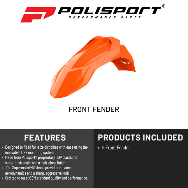 Polisport Supermoto (SM) Motocross (MX) UFX Front Fender - Universal Fit for all Full Size Dirt Bikes - Orange