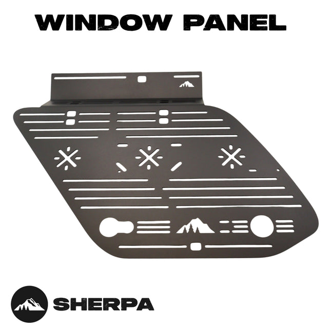 Sherpa 512540 Driver Side Window Panel for 5th Gen 4Runner - 3/16" Aluminum Side Panel Gear Mount, No Drill, Bolts to Crestone/Needle Rack, Suction to Window, Recovery Gear Storage