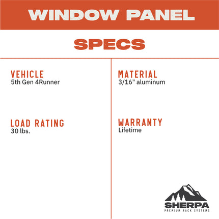 Sherpa 512640 Passenger Side Window Panel for 5th Gen 4Runner - 3/16" Aluminum Side Panel Gear Mount, No Drill, Bolts to Crestone/Needle Rack, Suction to Window, Recovery Gear Storage