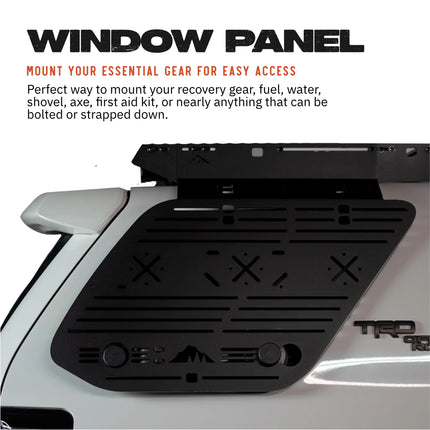 Sherpa 512640 Passenger Side Window Panel for 5th Gen 4Runner - 3/16" Aluminum Side Panel Gear Mount, No Drill, Bolts to Crestone/Needle Rack, Suction to Window, Recovery Gear Storage