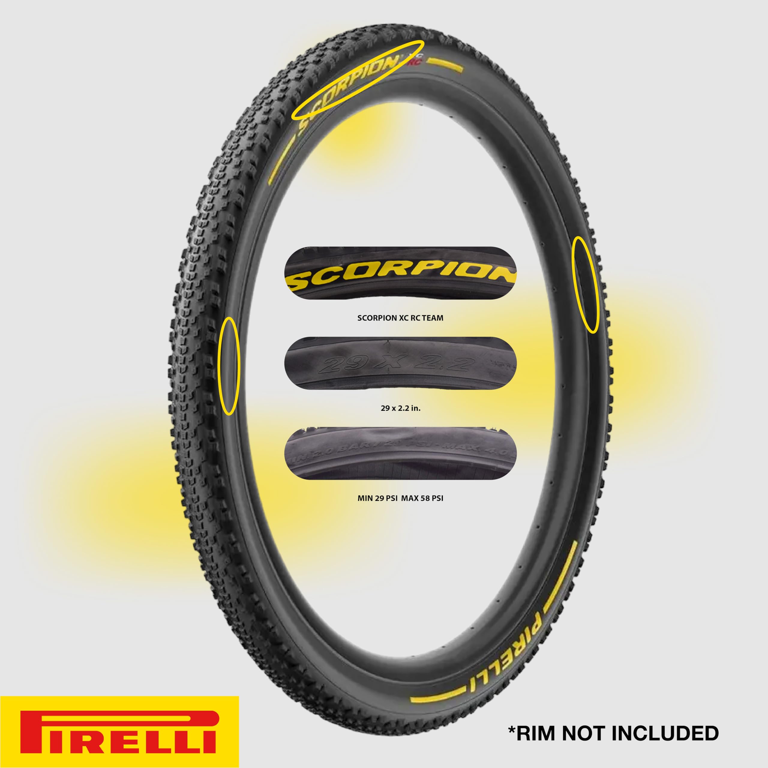 Pirelli SCORPION  XC RC Yellow Label (29 x 2.2)  Peak Performance for Demanding XC Racing SmartGRIP Compound ProWALL Technology Versatile Tread Design (2 Tires)