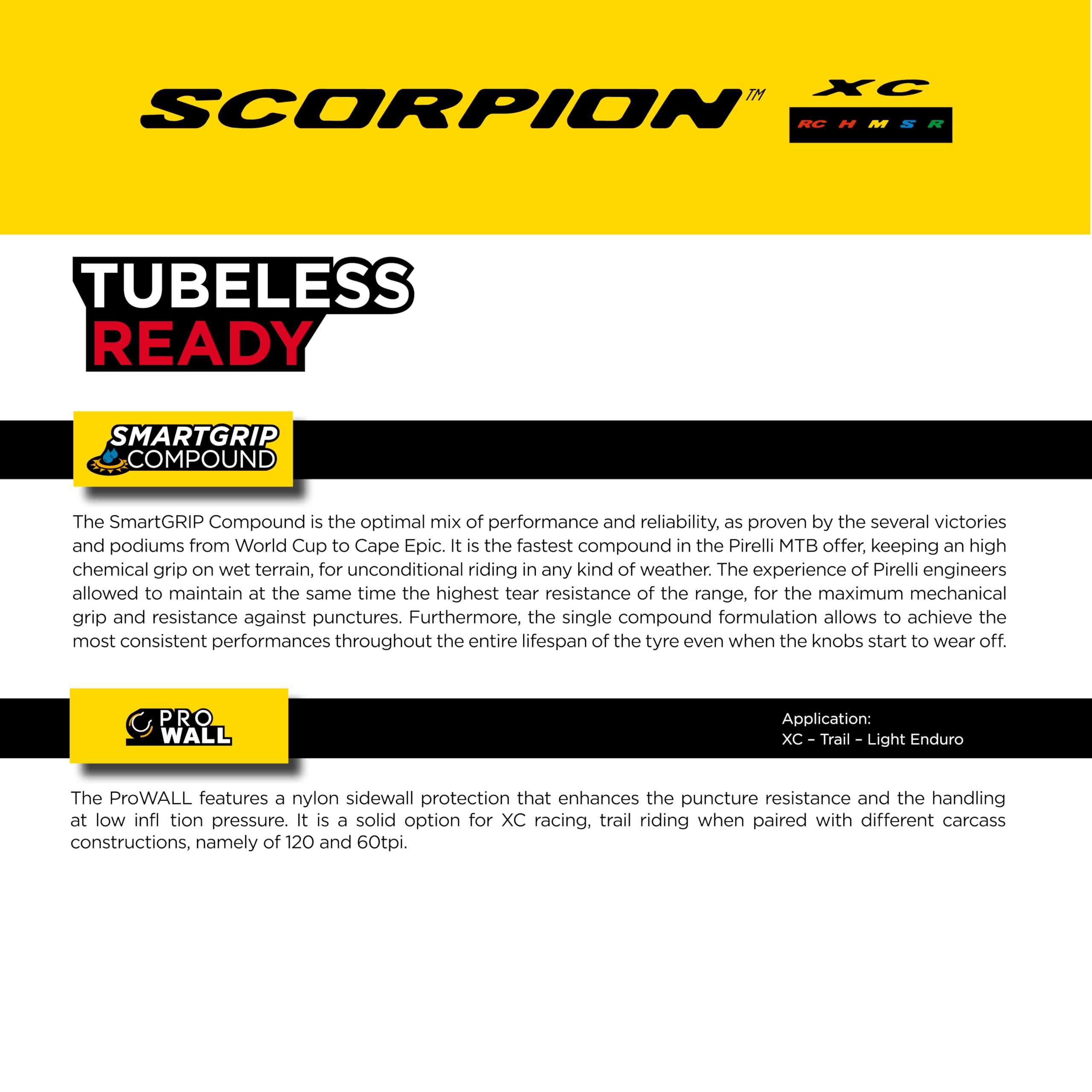 Pirelli SCORPION™ XC RC Color (29 x 2.4)  Peak Performance for Demanding XC Racing SmartGRIP Compound ProWALL Technology Versatile Tread Design