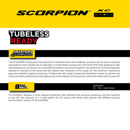 Pirelli SCORPION  XC RC Yellow Label (29 x 2.2)  Peak Performance for Demanding XC Racing SmartGRIP Compound ProWALL Technology Versatile Tread Design (2 Tires)