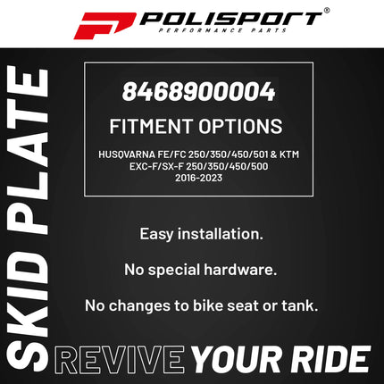 Polisport Motocross Motorcycles (MX) Fortress Skid Plate for Husqvarna FE/FC 250/350/450/501 (2016-23) & KTM EXC-F/SX-F 250/350/450/500 (2016-23) Dirt Bikes - OEM Quality, Flexible & Perfect Fit - Blk