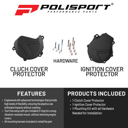Polisport Clutch and Ignition Cover Protector Kit (Black)- Compatible with KTM EXC-F/XCF-W 450/500 & Husqvarna FE 450/501 (2017-2022)
