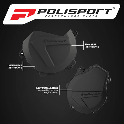 Polisport Clutch and Ignition Cover Protector Kit (Black)- Compatible with KTM EXC-F/XCF-W 450/500 & Husqvarna FE 450/501 (2017-2022)