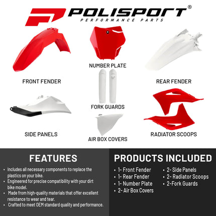 Polisport Motocross (MX) Replica Plastic Kit for GasGas EX/EX-F (2022-23) Dirt Bike – OEM Quality, Durable, Flexible & Perfect Fit – Red/White