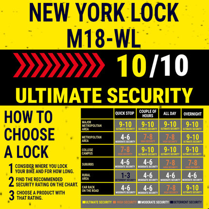 Kryptonite 994589 New York Lock M-18WL U-Lock, 18mm Hardened Max-Performance Steel Shackle, High-Security Bicycle U Lock with Double Deadbolt, Keyed Bike Lock, Black/Yellow, 3 Keys Included