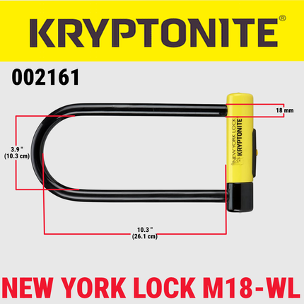Kryptonite 994589 New York Lock M-18WL U-Lock, 18mm Hardened Max-Performance Steel Shackle, High-Security Bicycle U Lock with Double Deadbolt, Keyed Bike Lock, Black/Yellow, 3 Keys Included