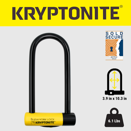 Kryptonite 994589 New York Lock M-18WL U-Lock, 18mm Hardened Max-Performance Steel Shackle, High-Security Bicycle U Lock with Double Deadbolt, Keyed Bike Lock, Black/Yellow, 3 Keys Included