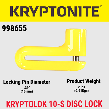 Kryptonite 998655 KryptoLok 10-S Disc Lock DFS, Yellow Motorcycle Disc Brake Lock with 10mm Hardened Drop-Forged Steel Pin, High-Security Disc-Style Cylinder, 2 Keys, Carrying Pouch with Belt Clip