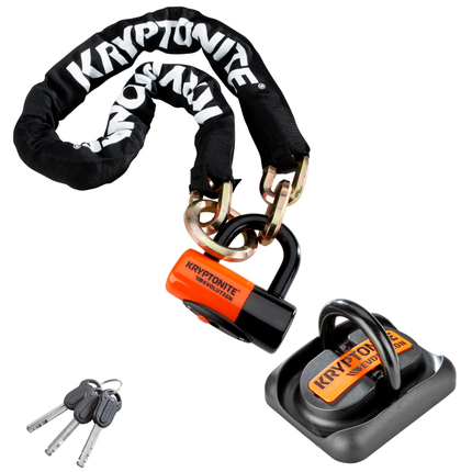 Kryptonite New York 1213 Cinch Ring Chain + Evolution Ground Anchor Bundle, 4.25 ft Long 14 mm Steel Chain & Disc Lock with Keys