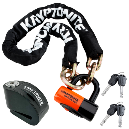Kryptonite New York 1213 Cinch Ring Chain & Lock + Keeper Alarm Disc Lock,  4.25 ft Long 14 mm Steel Chain & Disc Lock with Keys + Compact Disc Brake Lock for Bicycles, E-Bikes, Motorcycles, Scooters