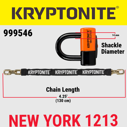 Kryptonite New York 1213 Cinch Ring Chain & Lock + Keeper Alarm Disc Lock,  4.25 ft Long 14 mm Steel Chain & Disc Lock with Keys + Compact Disc Brake Lock for Bicycles, E-Bikes, Motorcycles, Scooters