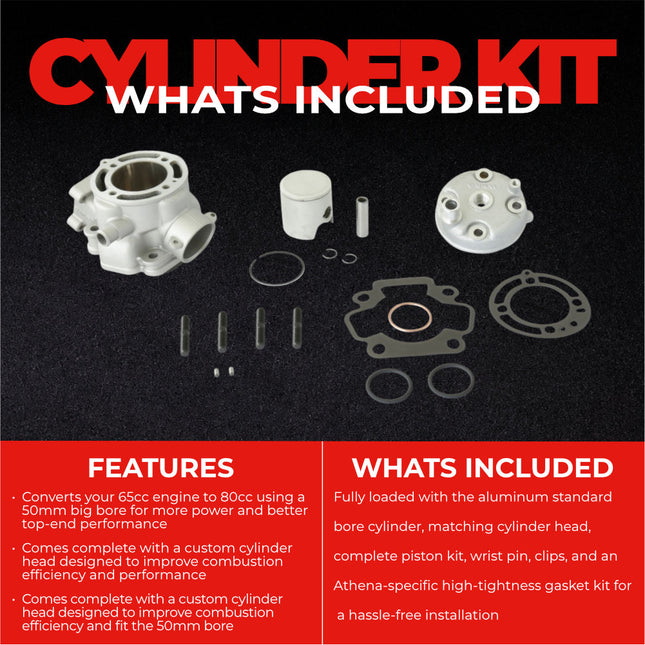 Athena P400250100007 80cc Big Bore Cylinder Kit with Cylinder Head (50mm Bore) - Premium 2-Stroke Performance Upgrade, Compatible with Kawasaki KX65 & Suzuki RM65 2000-2024