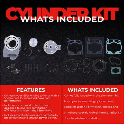 Athena P400485100030 144cc Big Bore Cylinder Kit with Cylinder Head (58mm Bore) - Premium 2-Stroke Performance Upgrade, Compatible with Yamaha YZ125 2005-2021