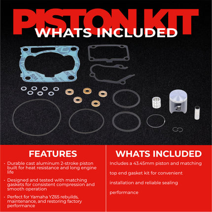 Athena P4C0435198001B Top End Piston Kit with Gasket Set for Yamaha YZ65 2018-2025, 43.44mm Cast 2-Stroke Piston Replacement Kit - Motocross Dirt Bikes