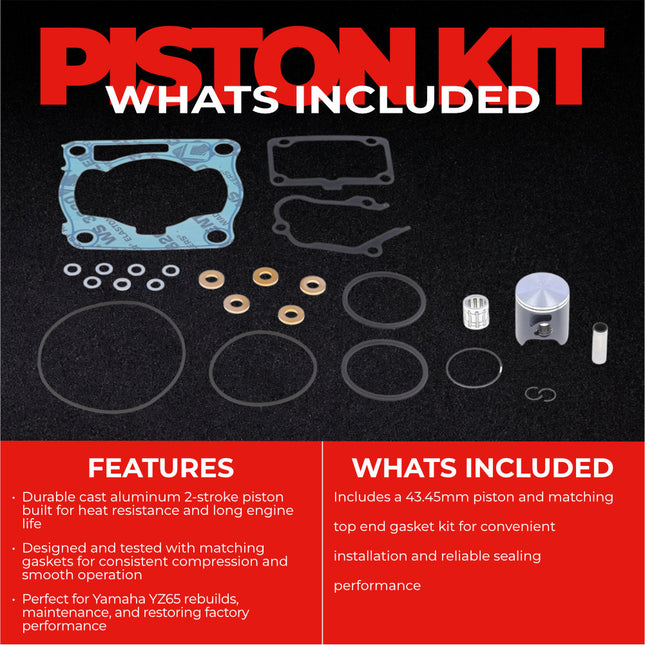 Athena P4C0435198001B Top End Piston Kit with Gasket Set for Yamaha YZ65 2018-2025, 43.44mm Cast 2-Stroke Piston Replacement Kit - Motocross Dirt Bikes
