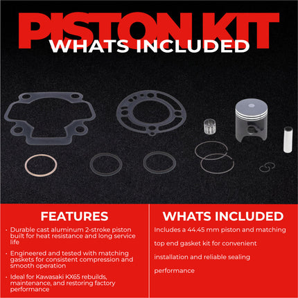 Athena P4C0445008001A Top End Piston Kit with Gasket Set for Kawasaki 65 KX 2000-2023 - 44.45 mm Cast 2-Stroke Piston Replacement Kit - Motocross Dirt Bikes